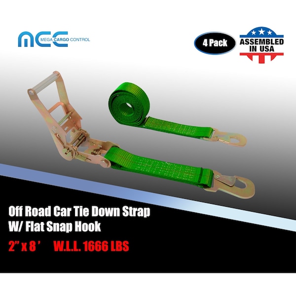 2" x 8' Ratchet Tie Down Strap w/ Flat Snap Hook Car Auto Hauler Tow Truck Green, 4PK